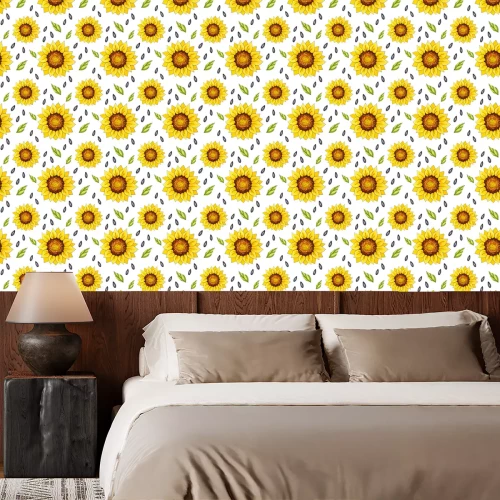 Tapete Seamless patterns with bright sunflowers on a white background. These images are suitable for creating home textiles, wallpapers, backgrounds and decor.