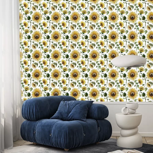 Tapete Hand drawn watercolor seamless pattern with sunflower flowers on a white background for your disign.