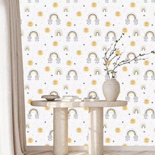 Tapete Cute , childish seamless vector pattern for baby textile. Nursery decor, prints,  in abstract scandinavian style. Hand drawn rainbow, sun, stars and polka dots background. Pastel, tender colors. 