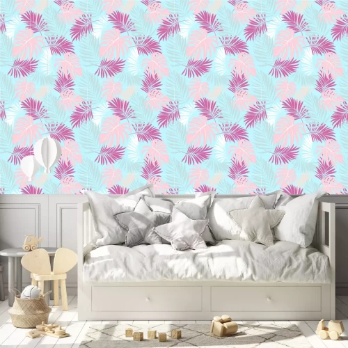 Tapete Schöne Palmen - Blätter auf blauem Grund