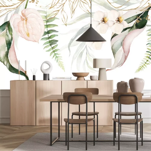 Sticker Green tropical leaves and blush flowers on white background. Watercolor hand painted seamless border. Floral tropic illustration. Jungle foliage pattern.