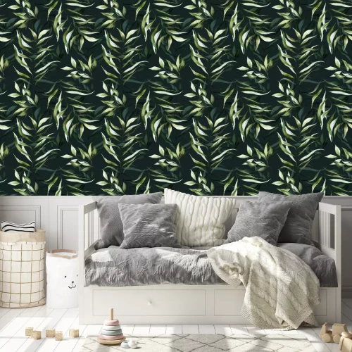Tapete Tropische Blätter auf dunkelgrünem Hintergrund