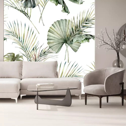 Sticker Watercolor tropical seamless pattern with monstera, banana and coconut leaves. Hand painted palm leaves isolated on white background. Floral illustration for design, print or background.