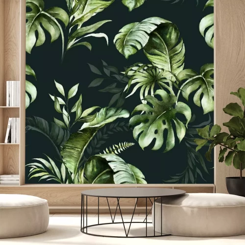 Fototapete Grüne Aquarell-Blätter auf schwarzem Hintergrund