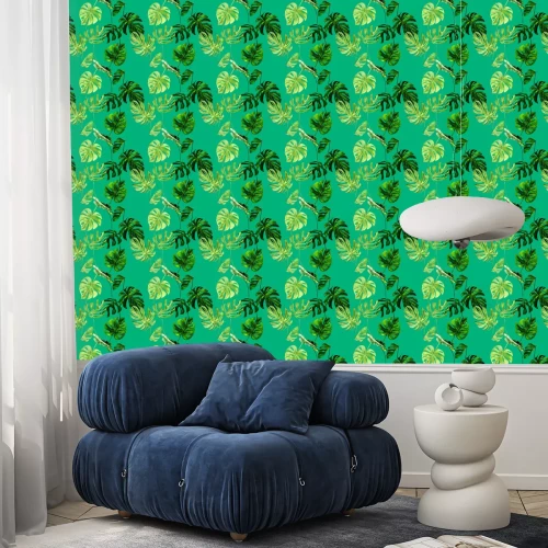 Tapete Gezeichnete exotische Pflanzen auf intensivem Grün