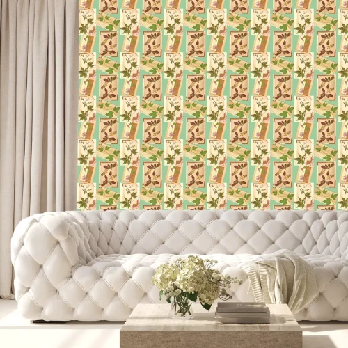 Tapete Sommermalve und Blätter auf alten Postkarten