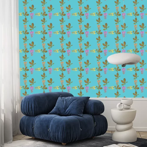 Tapete Bunte Blumen mit Weidenblättern