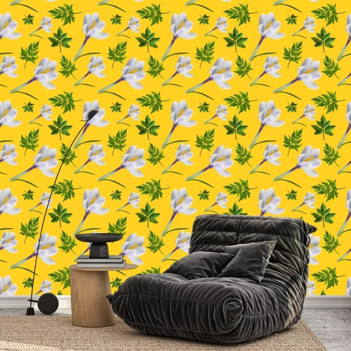 Tapete Grüne Vegetation mit weißen Krokussen