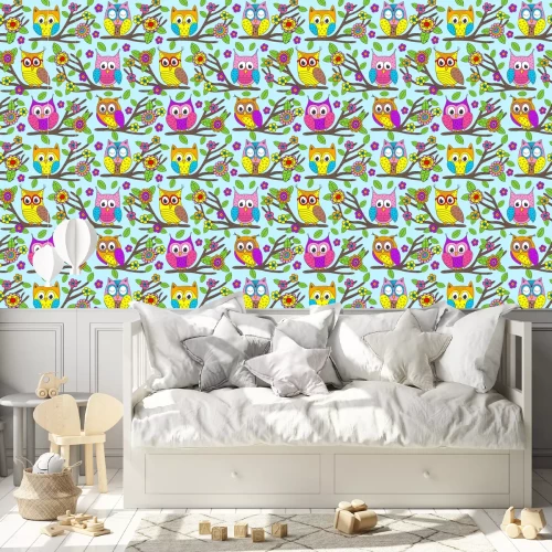 Tapete Cartoon bunte Baby-Eulen
