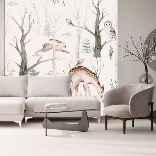 Fototapete Watercolor Woodland animal Scandinavian seamless pattern. Fabric wallpaper background with Owl, hedgehog, fox and butterfly, rabbit forest squirrel and chipmunk, bear and bird baby animal,