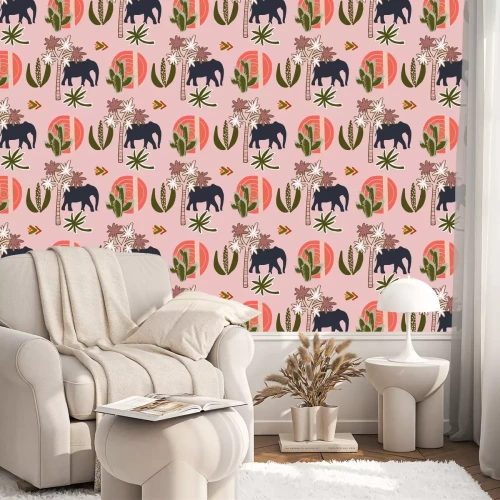 Tapete Elefanten und Pflanzen auf rosa Hintergrund