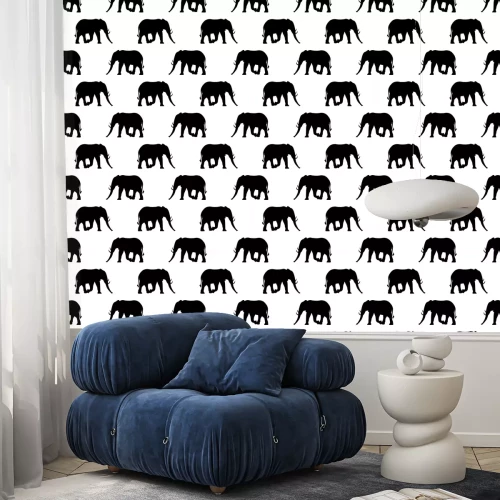 Tapete Schwarze Silhouetten von Elefanten auf weißem Hintergrund