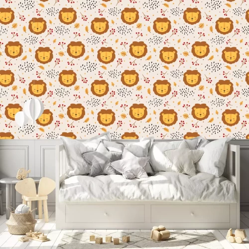 Tapete Kindermuster aus Löwen und Herbstblättern