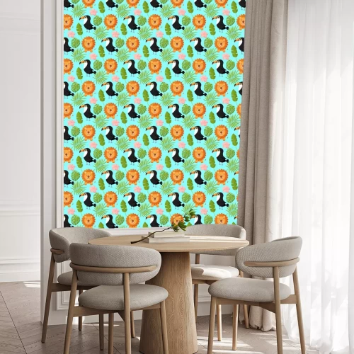 Tapete Löwen und Tukane zwischen grünen tropischen Blättern