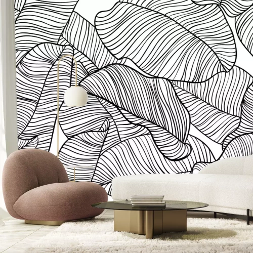 Sticker Schwarz-weiße Zeichnung mit Blättern einer tropischen Pflanze