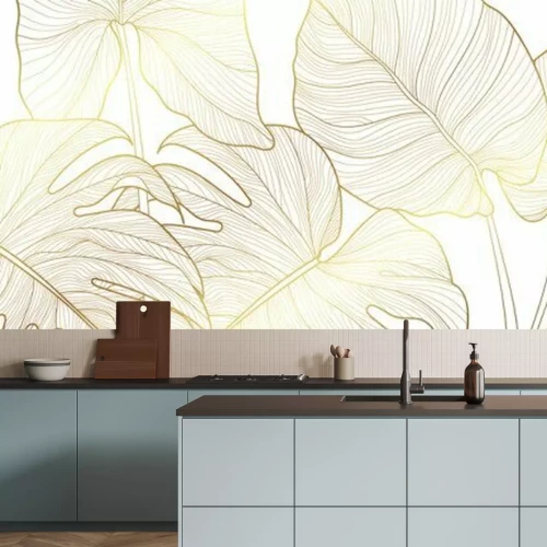 Sticker Luxury gold and nature green background vector. Floral pattern, Golden split-leaf Philodendron plant with monstera plant line arts, Vector illustration.