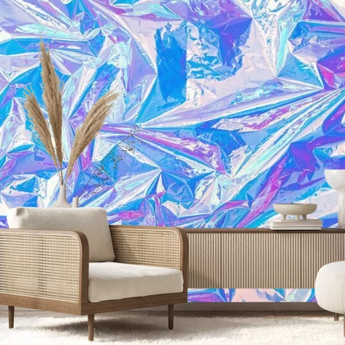 Fototapete Blurred abstract Modern pastel colored holographic background in 80s style. Crumpled iridescent foil real texture. Synthwave. Vaporwave style. Retrowave, retro futurism, webpunk