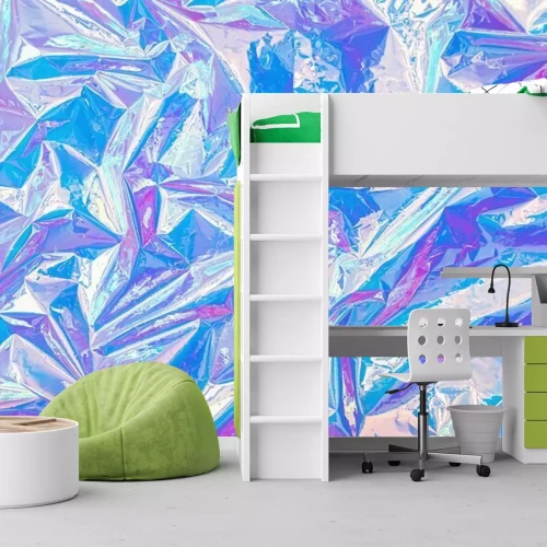 Fototapete Blurred abstract Modern pastel colored holographic background in 80s style. Crumpled iridescent foil real texture. Synthwave. Vaporwave style. Retrowave, retro futurism, webpunk