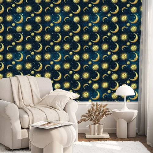 Tapete Seamless pattern with gold celestial bodies - moon, sun and stars over blue night sky background. Boho chic fabric print, wrapping paper or textile design hand drawn vector illustration.