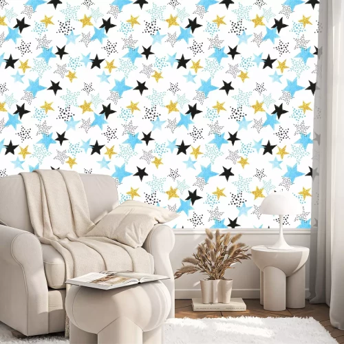 Tapete Seamless Stars pattern. Vector background with watercolor blue and glittering golden stars.