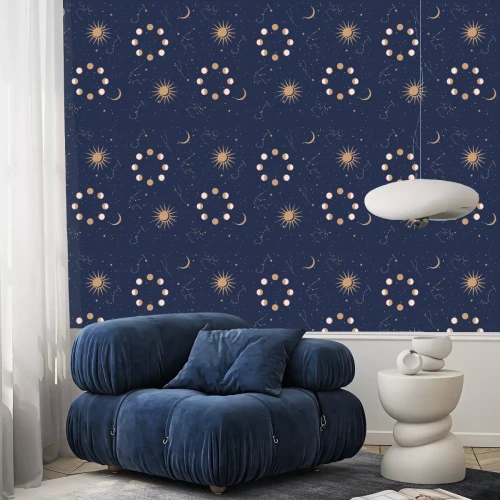 Tapete Seamless pattern with Astrology and Space concept. Minimalistic objects made in the style of one line. Editable vector illustration.