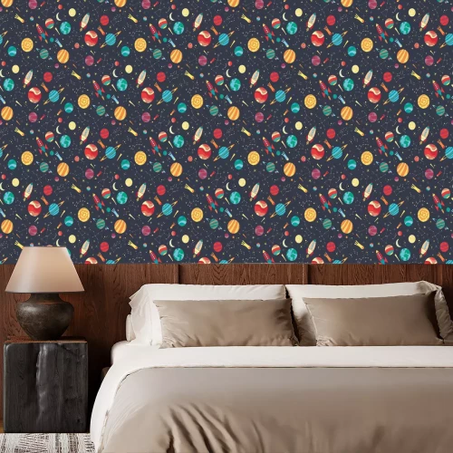 Tapete Seamless vector pattern with colorful hand drawn spaceships, planets and stars. Astronomy themed pattern for wallpaper, textiles, kids prints. Schools and science design.