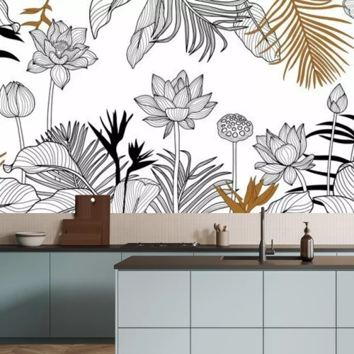 Sticker Luxury golden art deco wallpaper. lotus  background vector. Floral pattern with golden tropical flowers, monstera plant, Jungle plants line art on white background. Vector illustration.