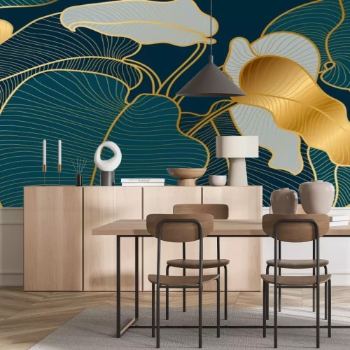 Fototapete Art Deco-Stil Blätter mit goldenen Elementen