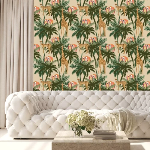 Tapete Papageiengiraffen und Geparden auf dem Hintergrund von Palmen