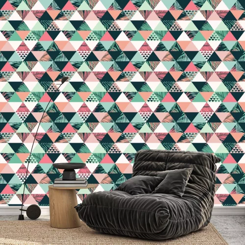 Tapete Geometrisches Muster und tropische Blätter