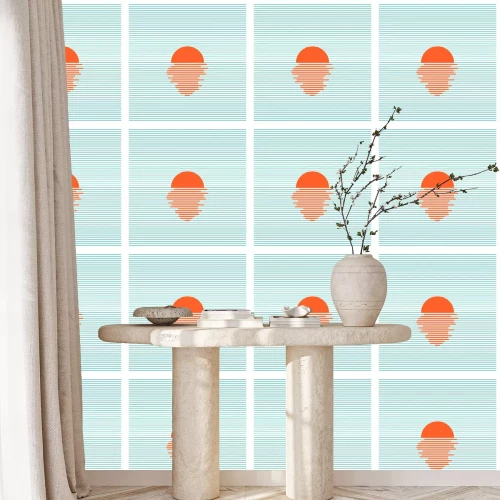 Tapete Sunset in ocean - striped background. Vector line art