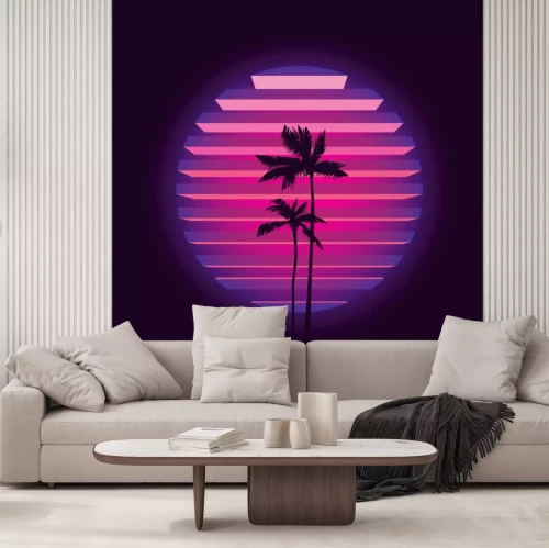Sticker Original vector illustration in neon style. Palm trees on the background of a neon sunset in the retro style of the 80's. T-shirt design.