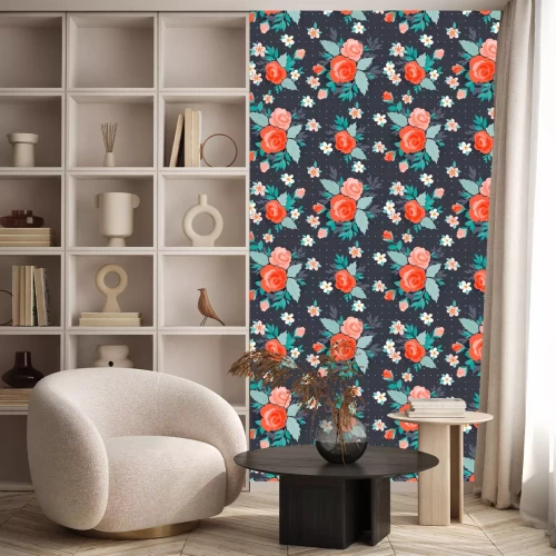 Tapete Illustrierte Blumen mit Blättern auf dunklem Hintergrund