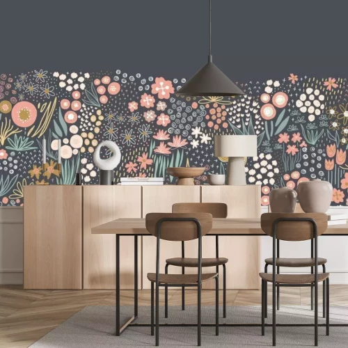 Sticker Flower meadow seamless vector border. A lot of florals in pink, gold, white, teal on dark background repeating horizontal pattern. Doodle line art for fabric trim, footer, header, fall autumn decor