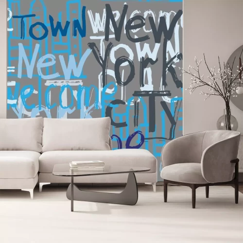 Sticker Vector graffiti seamless pattern with doodle building and words welcome, New York, city, town, place. Fashion hand drawing texture,  street art retro style for t-shirt, textile, wrapping paper.