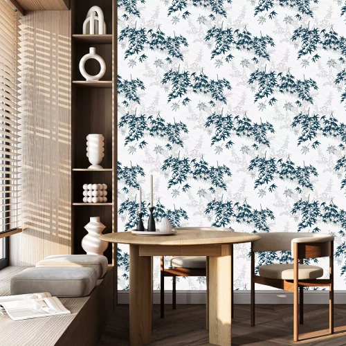 Tapete Blätter auf grauem Hintergrund im japanischen Stil