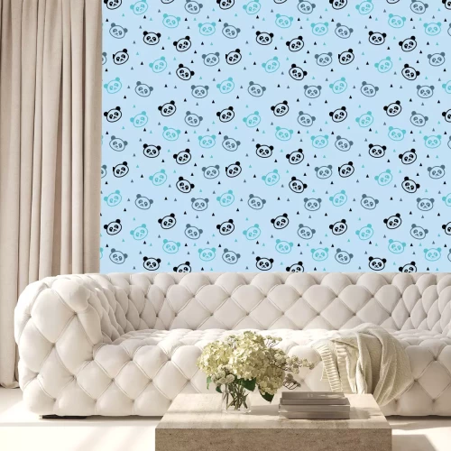 Tapete Pandas und Dreiecke auf blauem Hintergrund