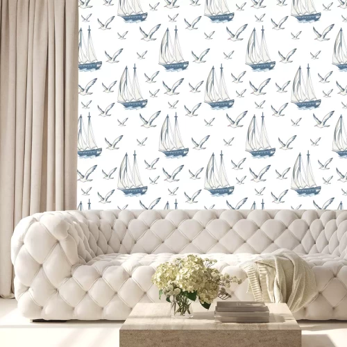 Tapete Seamless pattern with yachts and seagulls. Nautical pattern