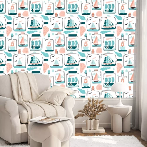 Tapete Seamless pattern with ships, sail boats in miniature in glass bottle