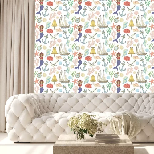 Tapete Seamless nautical pattern with ships, mermaid, coral and other marine objects