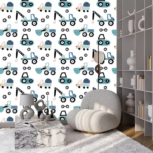 Tapete Seamless childish pattern with hand drawn cars. Creative kids texture for fabric, wrapping, textile, wallpaper, apparel. Vector illustration