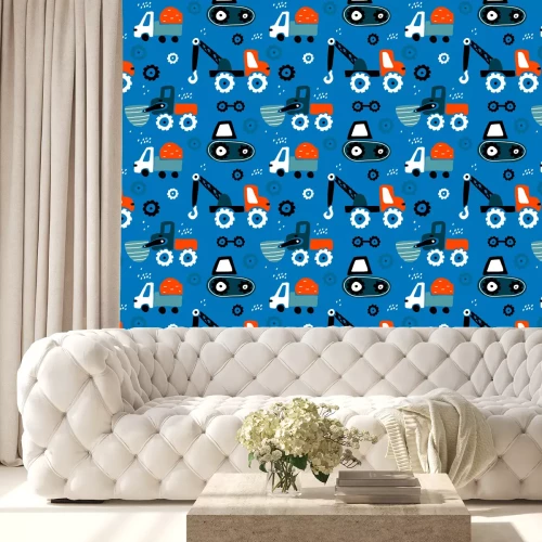 Tapete Seamless childish pattern with hand drawn cars. Creative kids texture for fabric, wrapping, textile, wallpaper, apparel. Vector illustration