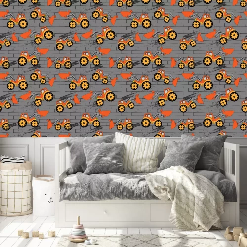 Tapete Children's cartoon orange tractor with bucket on gray background. Geometric elements, brick, brush effect. Abstract seamless pattern.