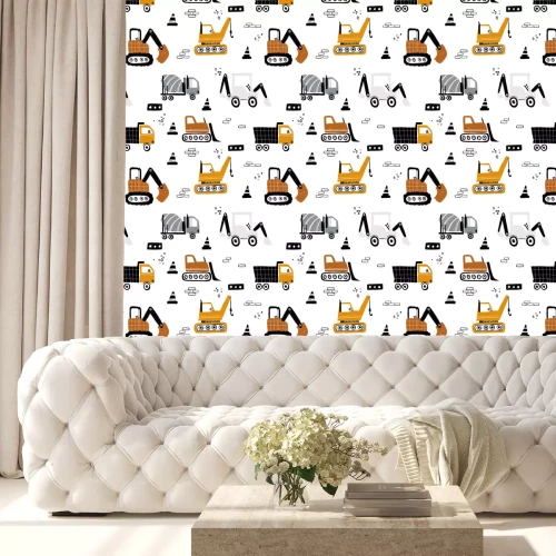 Tapete Vector hand-drawn seamless repeating children simple pattern with cars in Scandinavian style on a white background.Kids seamless pattern with building equipment. Funny construction transport