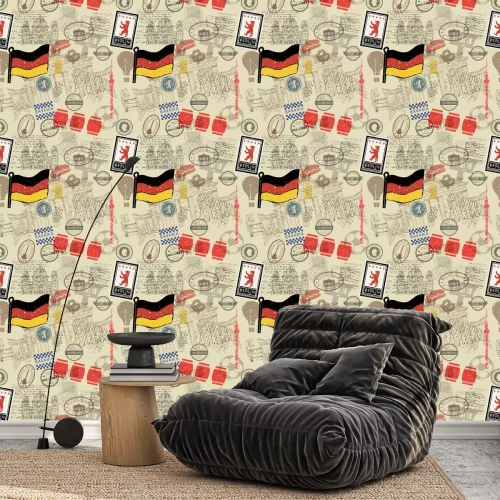 Tapete Vector seamless pattern consisting of Germany symbols or icons. Stamps and travel icons collection. Germany symbols on fabric background. 