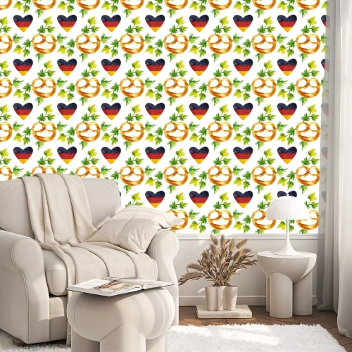 Tapete Watercolor seamless pattern with hand drawn elements. Traditional Brezn pretzel, green leaves and German flag in heart shape on white background