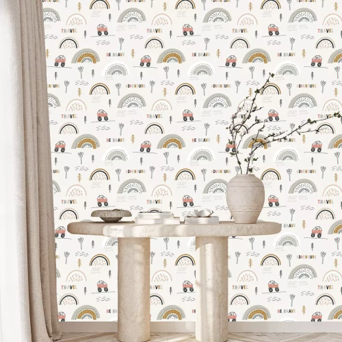 Tapete Childish seamless pattern with doodle buggy car and hilly terrain. Background with abstract rainbows. Creative childish texture for fabric, wrapping, textile, wallpaper, apparel. Vector illustration.