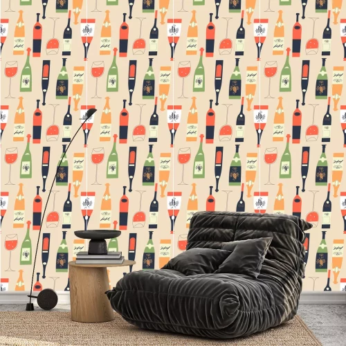 Tapete Seamless pattern of wine bottles and glasses. Vector illustration.