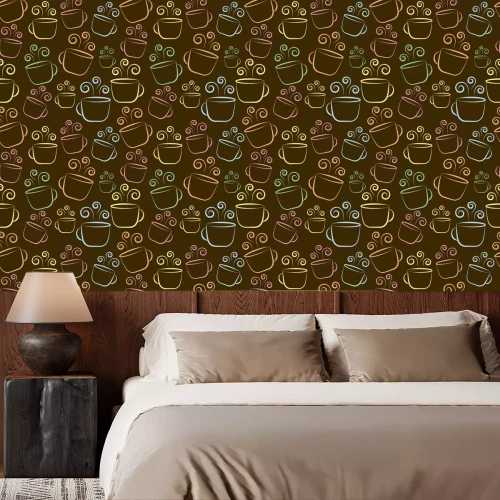 Tapete Coffee cup colorful seamless pattern on brown background