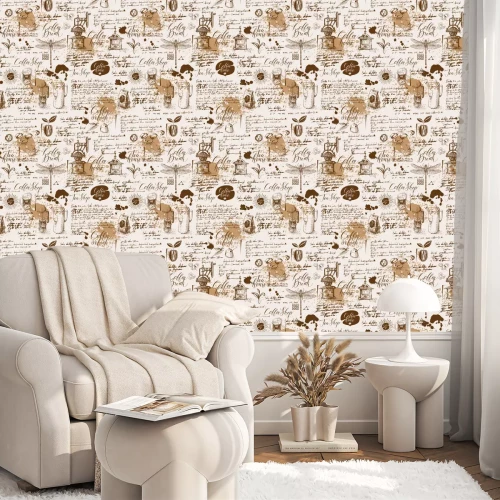 Tapete Vector seamless pattern on tea and coffee theme in retro style. Various coffee symbols, dragonfly, blots and inscriptions on a background of old manuscript. Can be used as wallpaper or wrapping paper